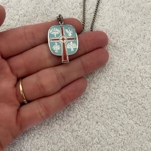 Turquoise Enamel Cross Pendant Necklace with Red Accents